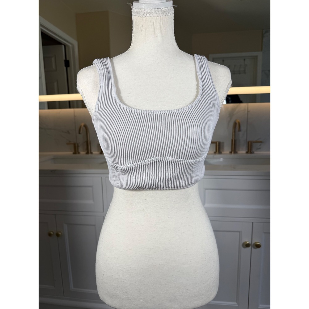 White Ribbed Crop Tank Top Womens M/L Scoop Neck Stretch Brami